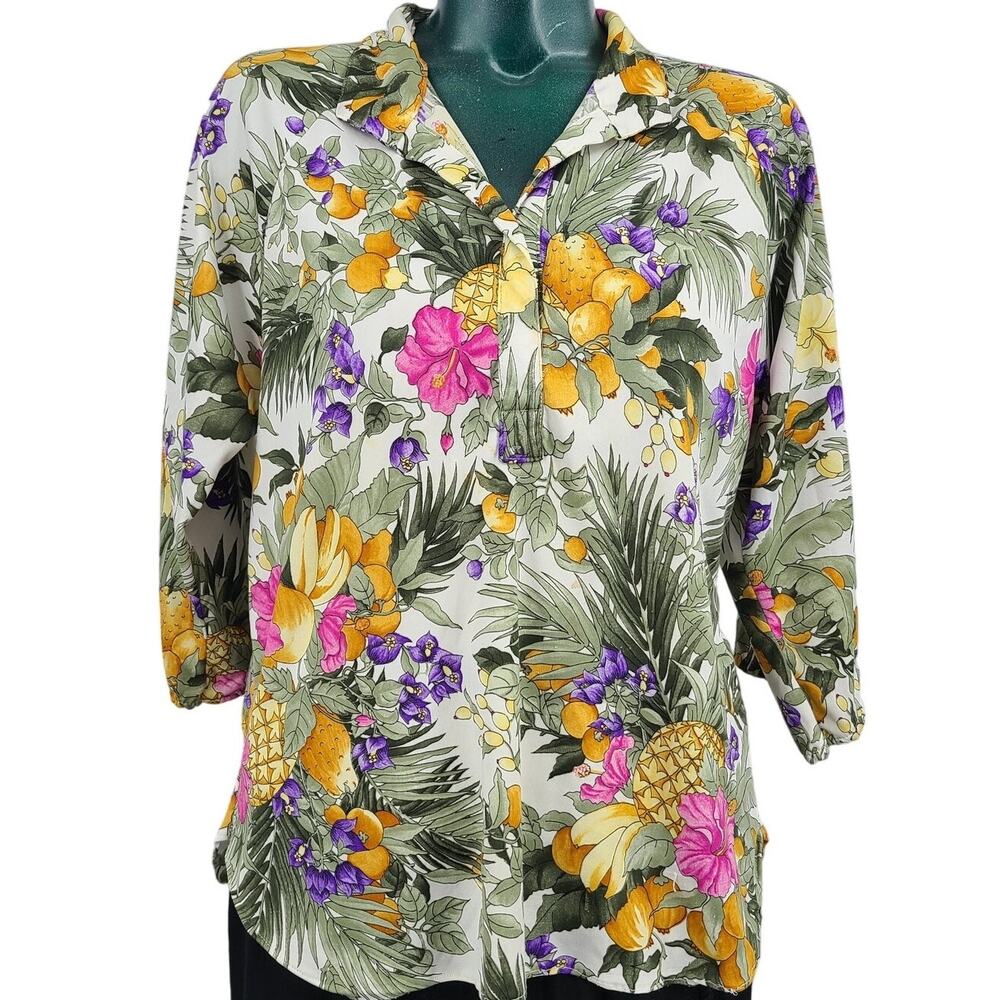 Vintage 80's SEARS Hawaiian Tropical Floral Button Up Top Blouse Women's  L 2864